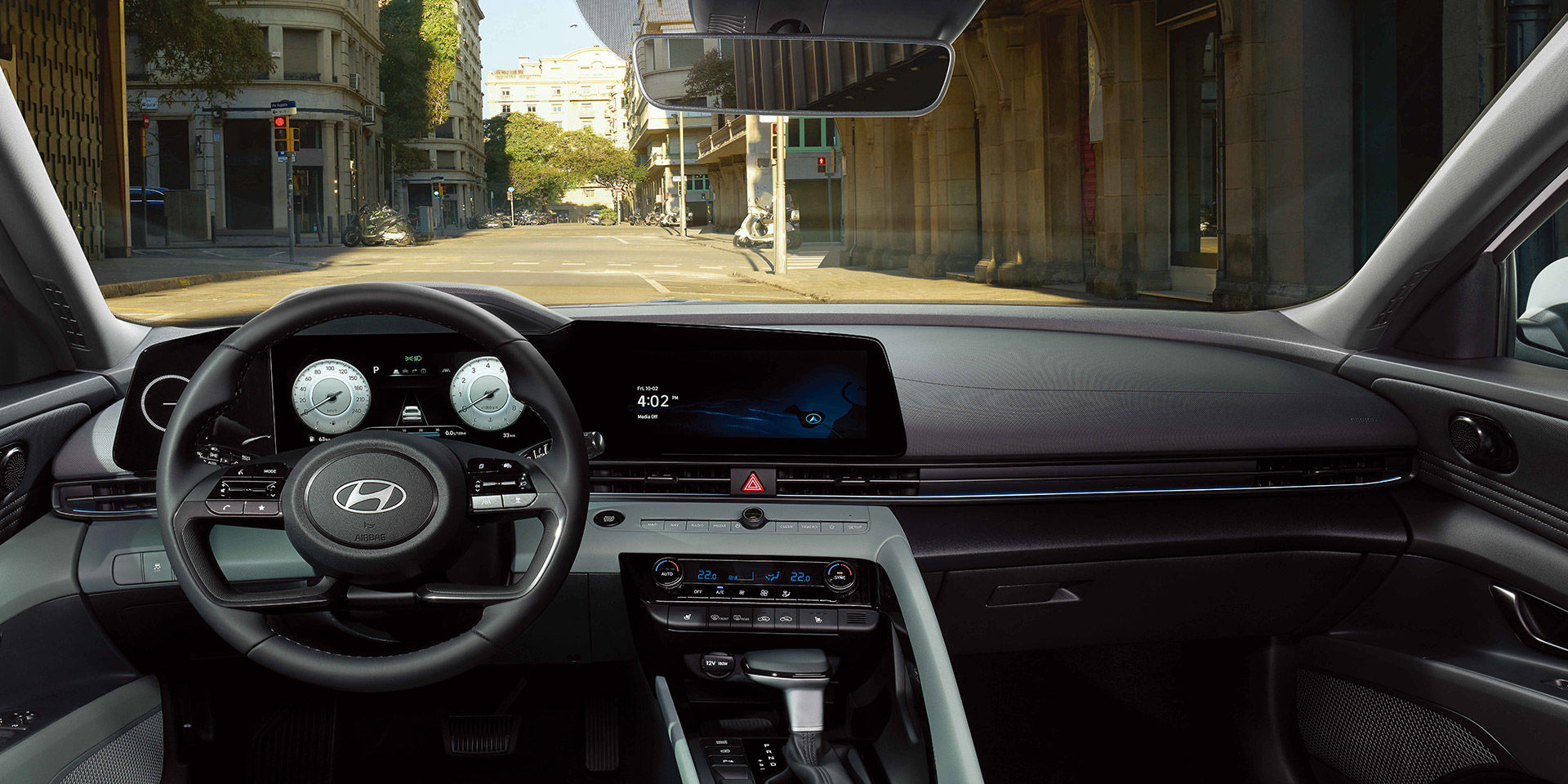 Closer view at the front part of Hyundai car with its logo and grille